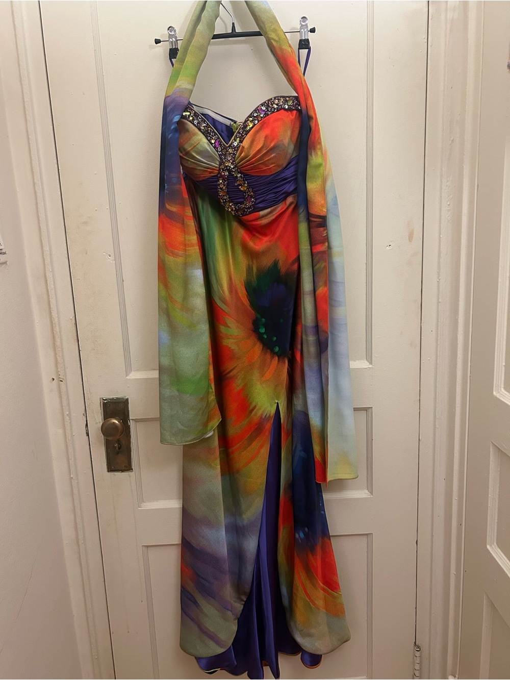 Strapless Floral Print Evening Gown with Embellished Bodice - Multicolor